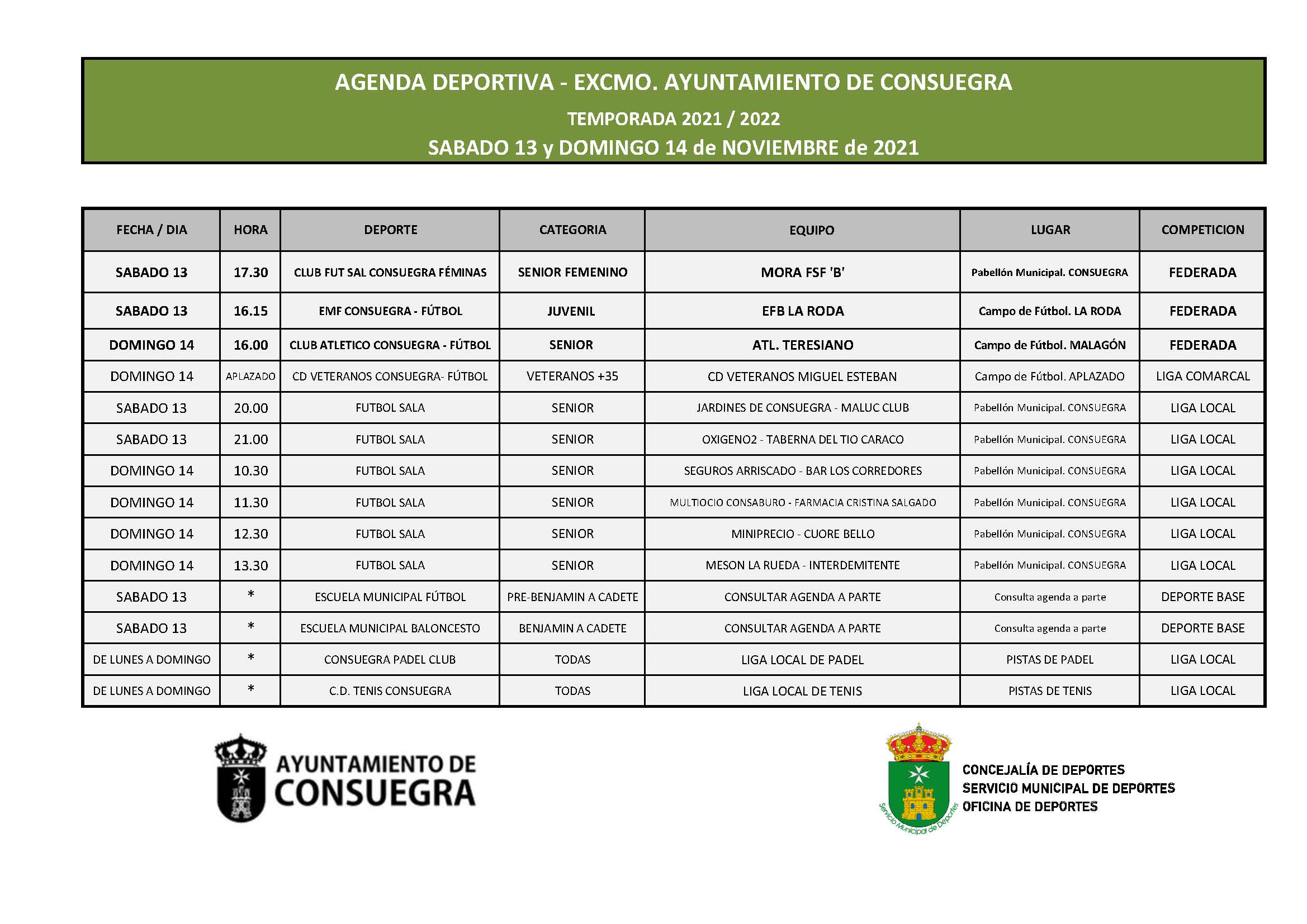 Agenda Deportiva. Sábado 27 y domingo 28 de noviembre de 2021