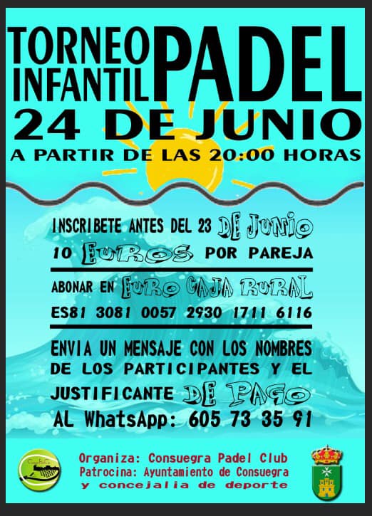 Torneo Infantil de PADEL próximo viernes 24 de junio