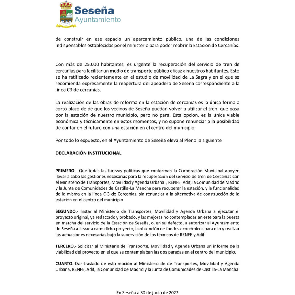 DECLARACIÓN INSTITUCIONAL SOBRE EL PROYECTO DE CERCANÍAS EN SESEÑA – Ayuntamiento de Seseña