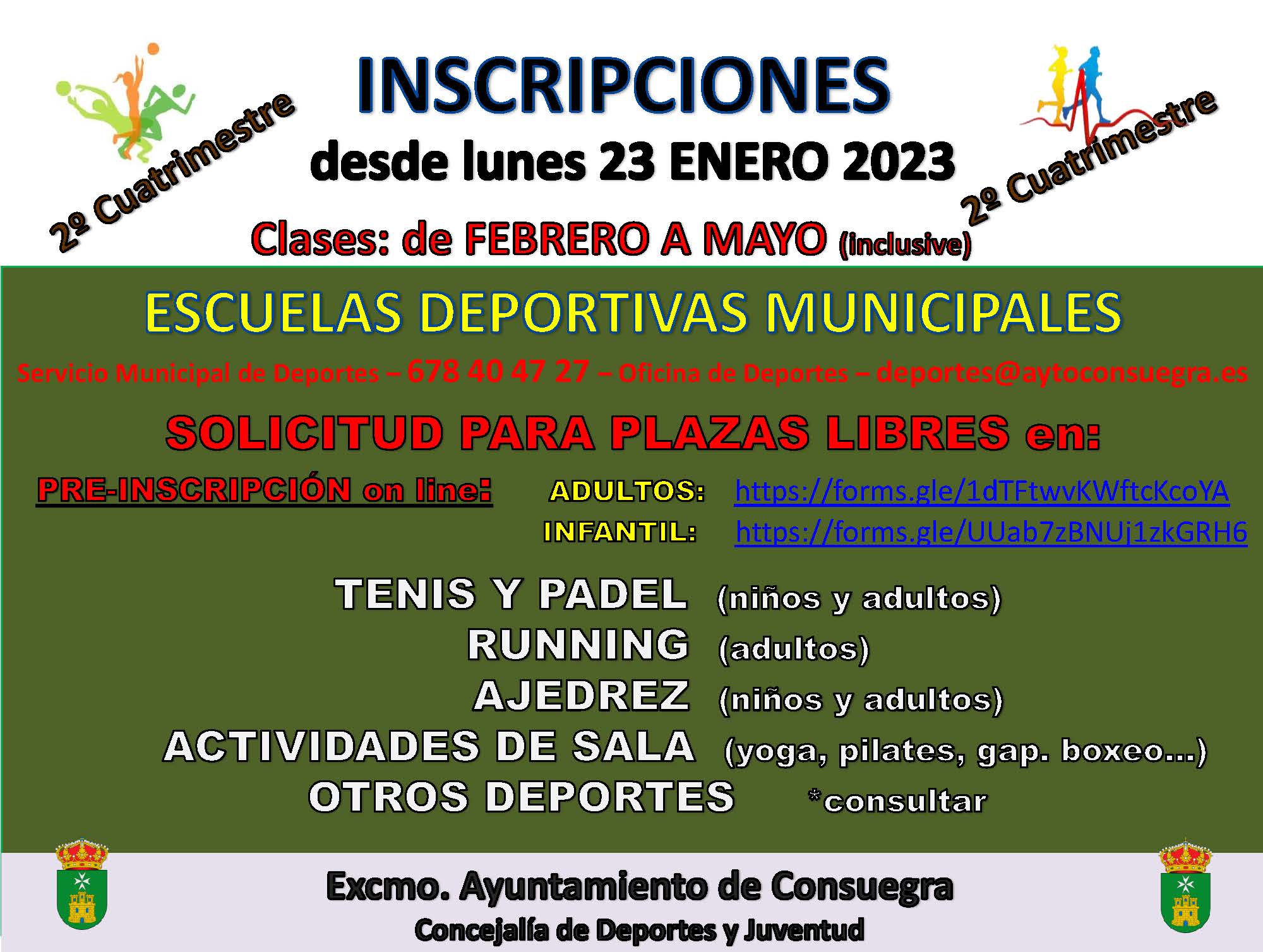 Nuevas inscripciones 2º Cuatrimestre Escuelas Deportivas Municipales 2022/2023