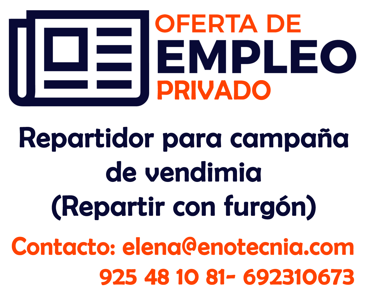 Oferta de empleo privado: Repartidor para campaña de vendimia (Repartir con furgón)
