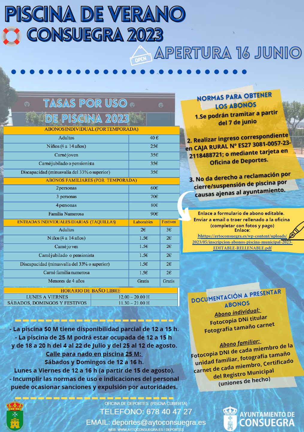 Piscina de Verano Consuegra 2023 (abonos). Apertura 16 de JUNIO.