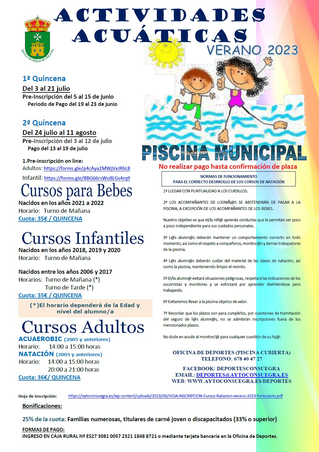 Actividades acuáticas verano 2023. Cursos de natación. Segunda quincena