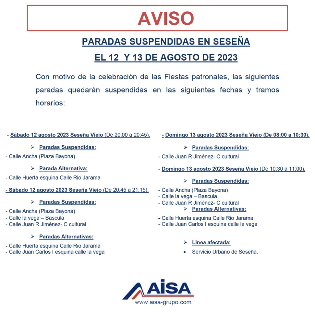 AVISO: SUSPENSIÓN DE LAS LÍNEAS DE AUTOBÚS DURANTE LAS FIESTAS PATRONALES: – Ayuntamiento de Seseña