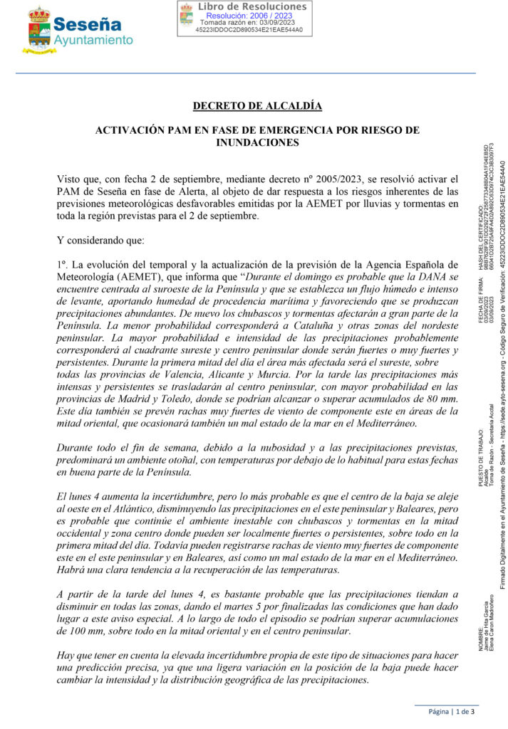 ACTUALIZACIÓN DEL PLAN DE EMERGENCIA: FASE DE EMERGENCIA- NIVEL 1- ANTE INCLEMENCIAS METEOROLÓGICAS