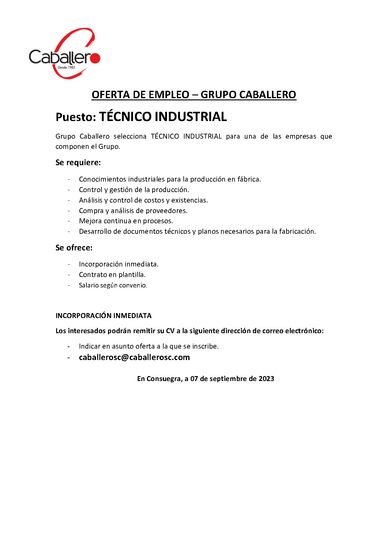 Oferta de empleo privado: Técnico Industrial Grupo Caballero