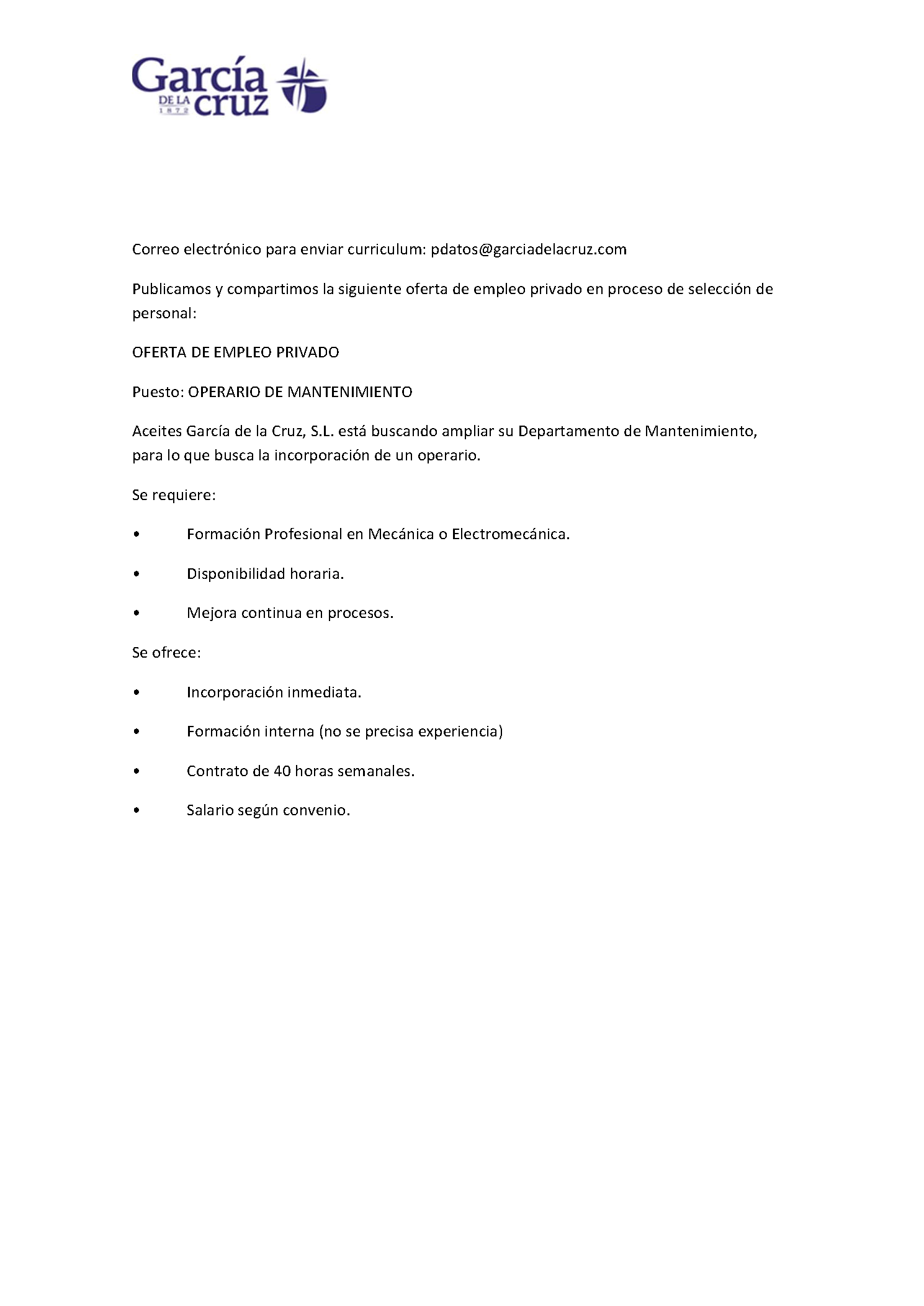 Oferta de empleo privado: Operario de mantenimiento de almazara