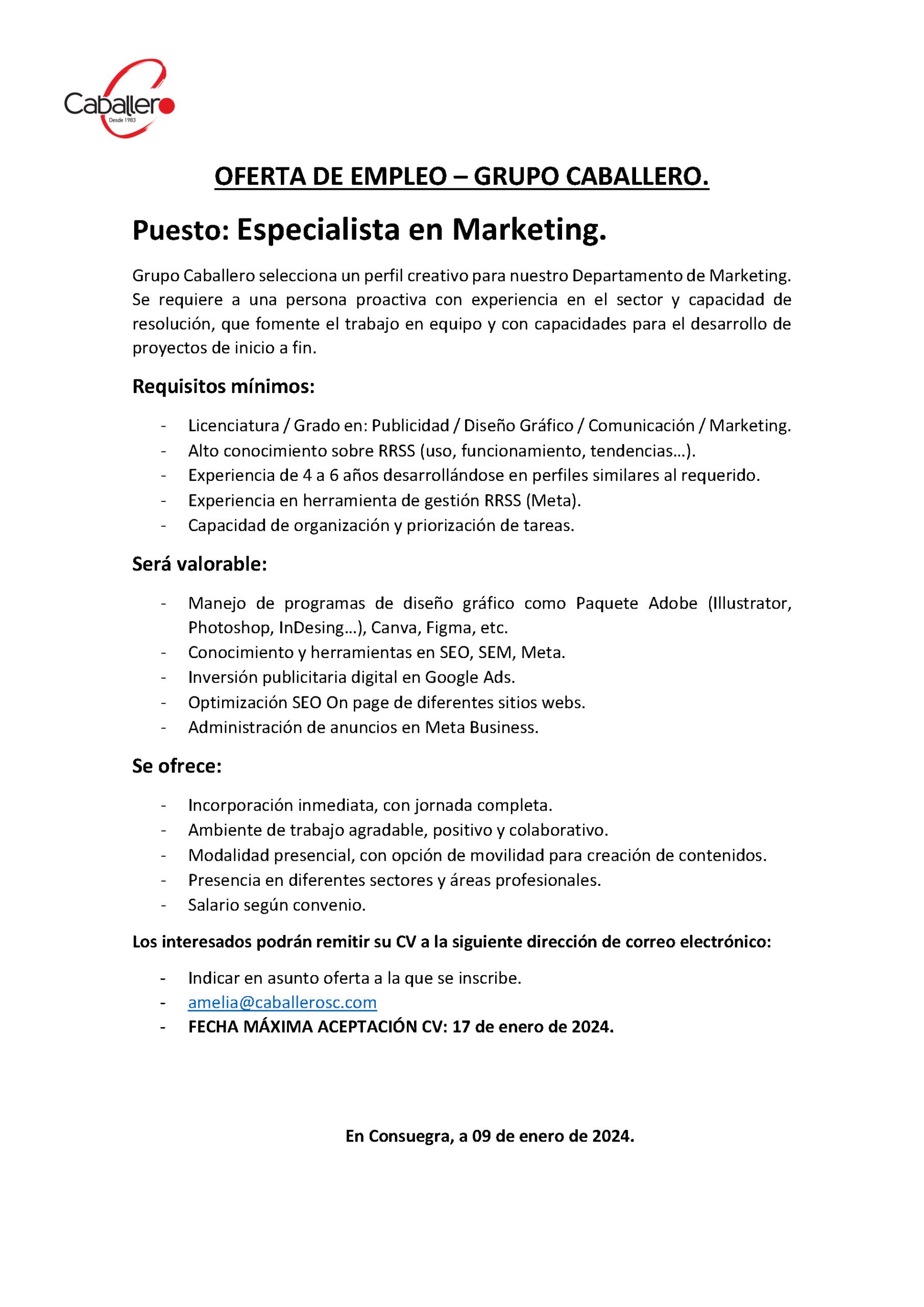 Oferta de empleo privado: Especialista en Marketing Grupo Caballero