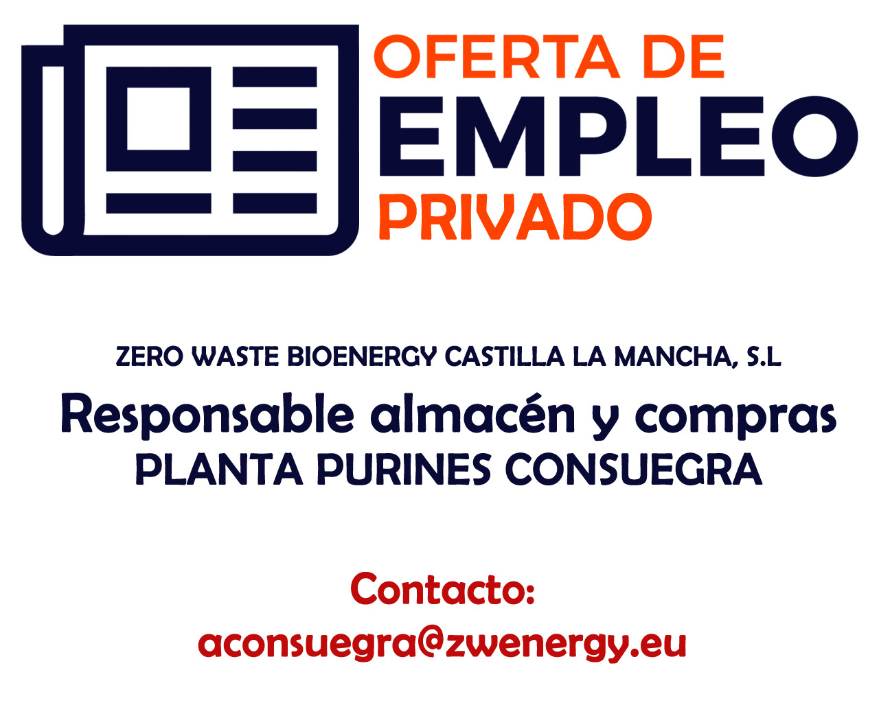 Ofertas de empleo privado: Responsable de almacén y compras Planta Purines Consuegra